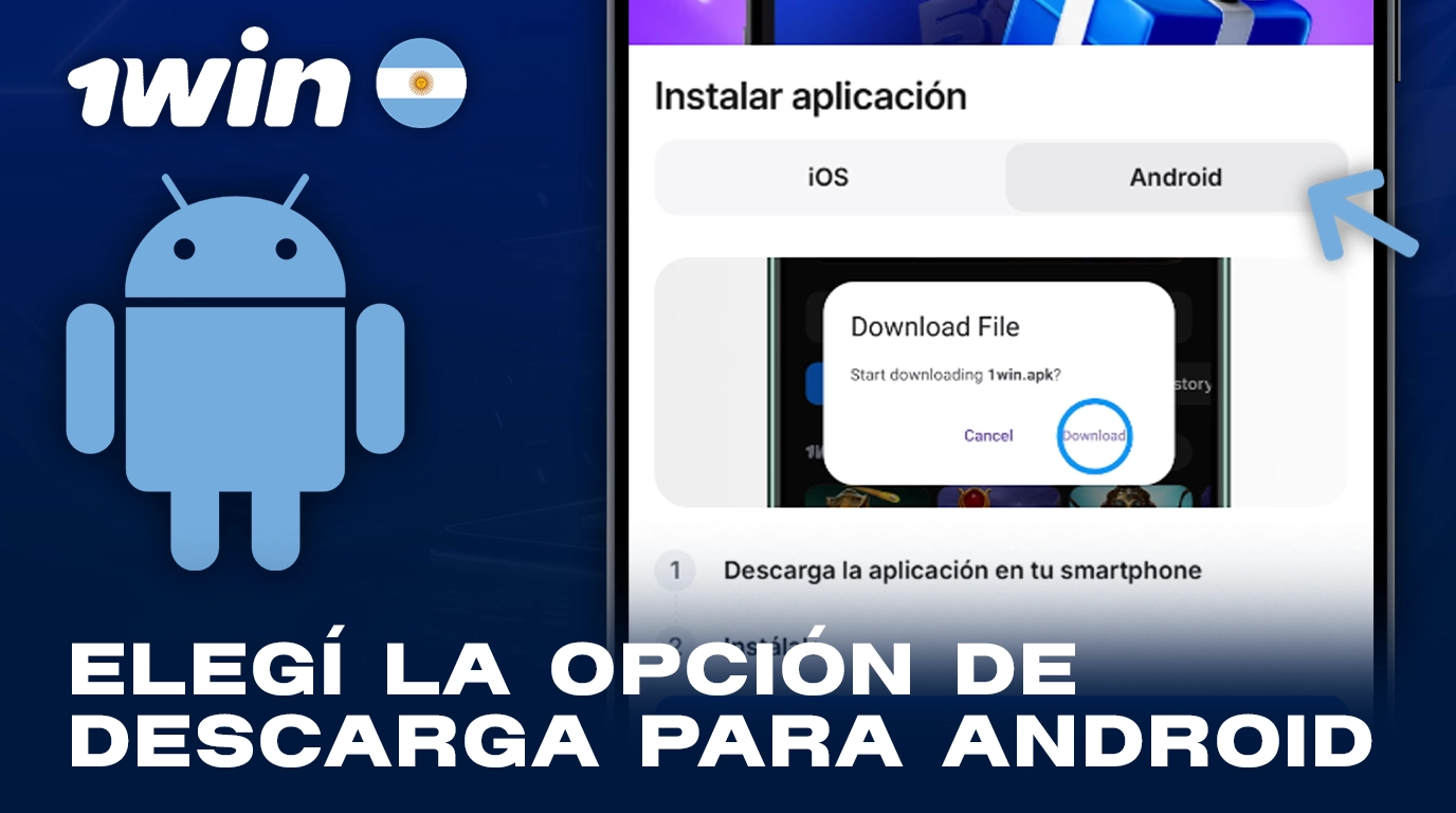 Seleccione la opción de descarga para Android en el sitio web de 1Win